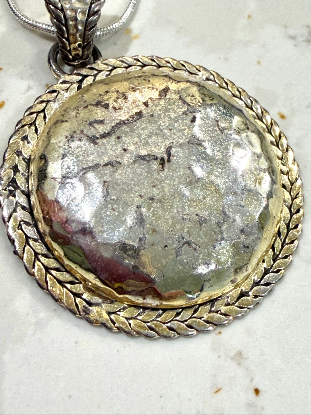 Vintage Or Paz Israel 925 Sterling Silver Hammered Round Pendant Necklace